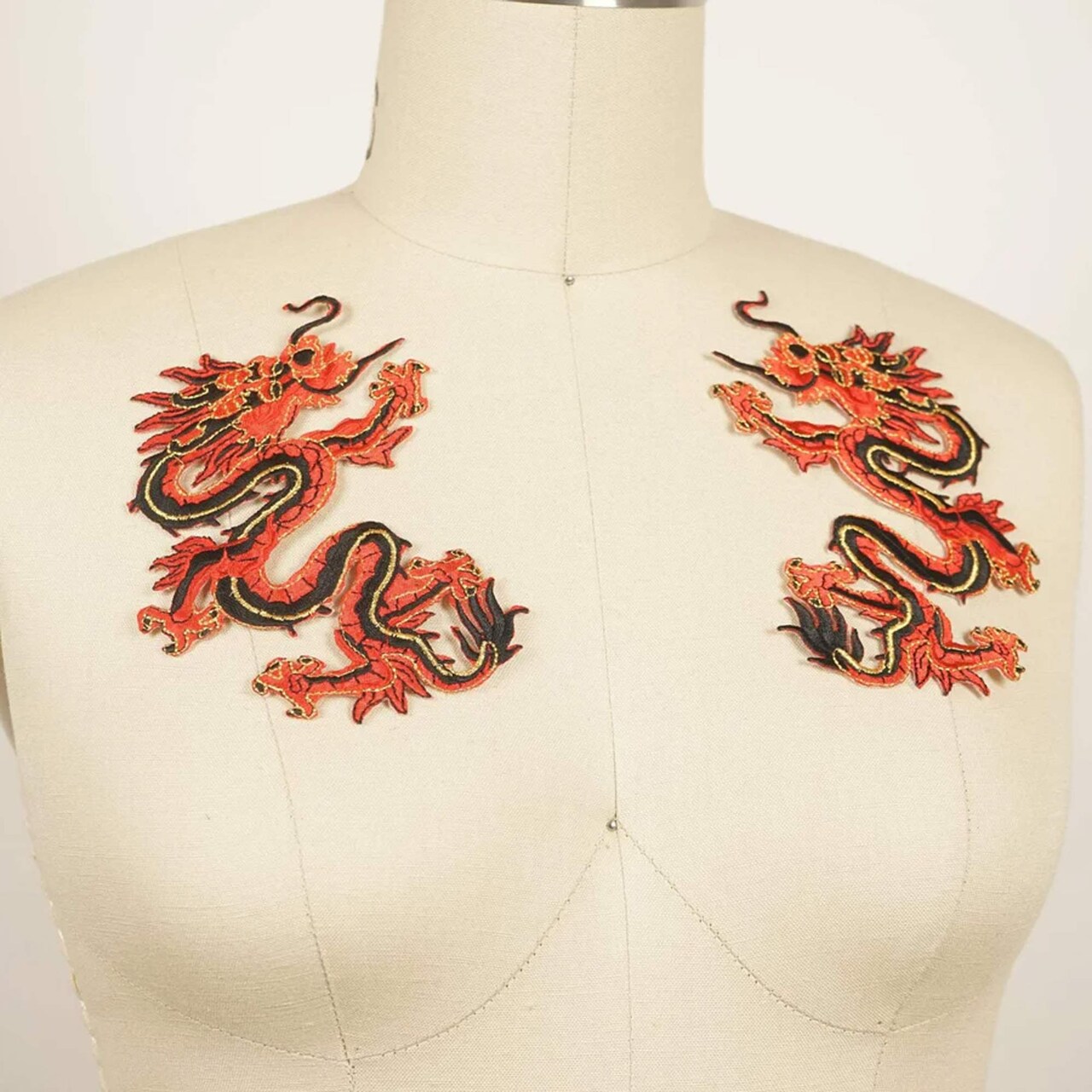 1 Pair of Chinese Dragon Embroidery Patch Red Gold Black Iron On Appliques